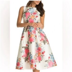 White and floral high neck tea length dress